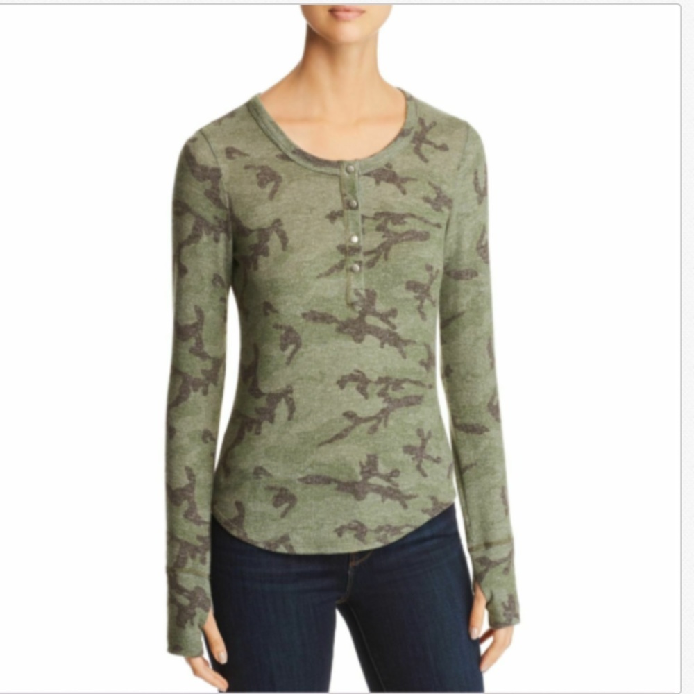 Red Haute Green Camo Print Henley Top